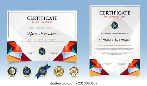 Plantilla de certificado geométrico abstracto. Certificado moderno con insignias. Para las necesidades de premios, negocios y educación. Plantilla vectorial de Diploma