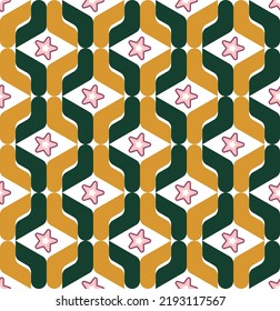 Abstract Geometric Chain Style Retro Knit Shapes Stars Seamless Pattern Trendy Fashion Colors Perfect for Allover Fabric Print or Wrapping Paper Mustard Yellow Dark Green Tones