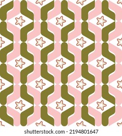 Abstract Geometric Chain Style Retro Knit Shapes Stars Seamless Pattern Trendy Fashion Colors Perfect for Allover Fabric Print or Wrapping Paper Olive Green Soft Pink Tones