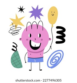 Abstract geometric character. Basic circle figure with cute faces, legs and hands, funny graphic mascot. Modern childish creature. Poster or banner isolated objects vector cartoon doodle illustration