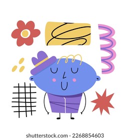 Abstract geometric character. Basic oval figure with cute faces, legs and hands, funny graphic mascot. Modern childish creature. Poster or banner isolated objects vector cartoon doodle illustration