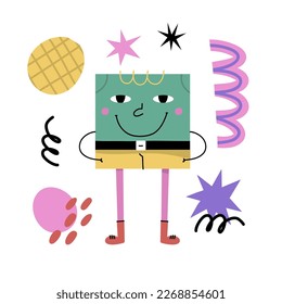 Abstract geometric character. Basic square figure with cute faces, legs and hands, funny graphic mascot. Modern childish creature. Poster or banner isolated objects vector cartoon doodle illustration