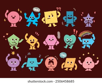 Abstract geometric character. Cartoon cute geometry shapes with funny faces, legs, hands. Kids geometric characters with eyes. Basic style figure, square triangle, polygonal and circle. Preschool 