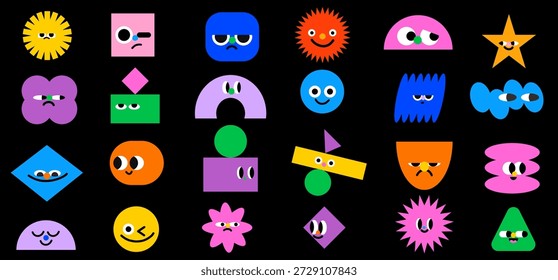Abstrato caractere geométrico alegre formas de rosto. Doodle Cute design emotion elementos em estilo bonito com boca, olhos, coleção de elementos de vetor de humor diferente.