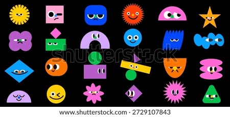 Abstract geometric character cheerful face shapes. Doodle Cute design emotion elements in cute style with mouth, eyes, different mood vector elements collection.