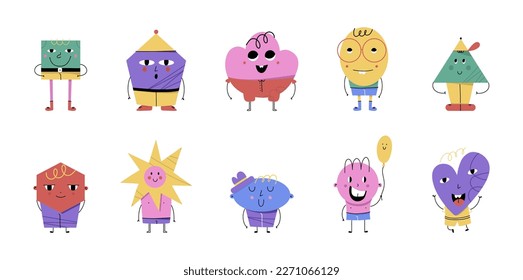 Abstract geometric characters. Basic figures with cute faces, legs and hands, funny graphic mascot. Modern childish creatures. Poster or banner isolated objects. Vector cartoon doodle illustration