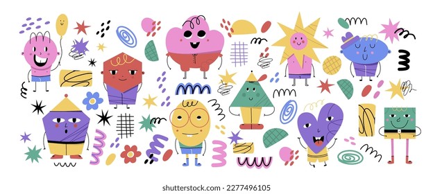 Abstract geometric characters. Basic figures with cute faces, legs and hands, funny graphic mascot. Modern childish creatures. Poster or banner isolated objects. Vector cartoon doodle illustration