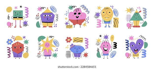 Abstract geometric characters. Basic figures with cute faces, legs and hands, funny graphic mascot. Modern childish creatures. Poster or banner isolated objects. Vector cartoon doodle illustration