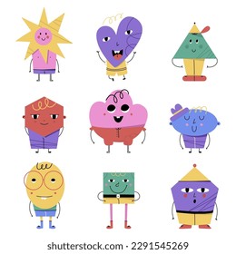 Abstract geometric characters. Basic figures with cute faces, legs and hands, funny graphic mascot. Modern childish creatures. Poster or banner isolated objects. Vector cartoon doodle illustration