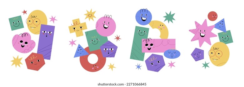 Abstract geometric characters composition. Basic figures with cute faces, funny graphic emoji. Modern childish print. Poster or banner. Isolated figure objects. Vector cartoon doodle illustration