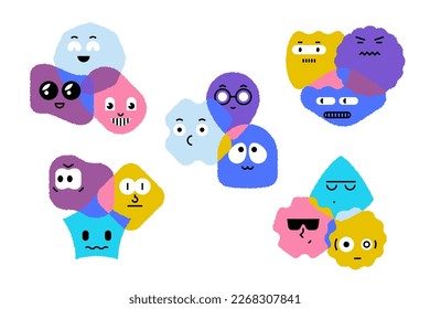 Abstract geometric characters groups. Comic faces various emotions, cartoon basic figures different shapes. Vector set