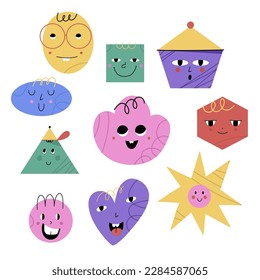 Abstract geometric characters, icons set. Basic figures with cute faces, funny graphic emoji. Modern childish elements. Poster or banner. Isolated objects. Vector cartoon doodle trendy illustration