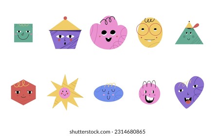 Abstract geometric characters, icons set. Basic figures with cute faces, funny graphic emoji. Modern childish elements. Poster or banner. Isolated objects. Vector cartoon doodle trendy illustration