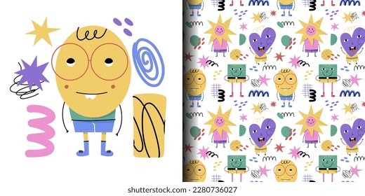 Abstract geometric characters pattern. Basic figures, cute faces, legs and hands, funny print. Modern creatures. Seamless texture. Decor textile, wrapping, wallpaper vector cartoon doodle illustration