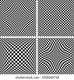 Abstract geometric checkered patterns and textures with 3D illusion effect. Backgrounds set. Vector art.