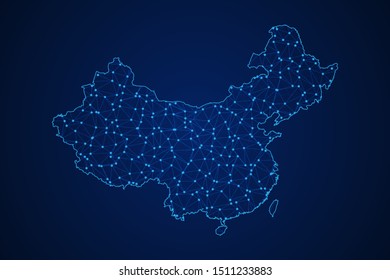Abstract geometric of China map polygonal line, structure and point scales on blue dark background with lights and dots. Vector illustration eps 10.