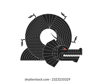 Abstract geometric Chinese dragon zodiac black symbol with linear pattern. Asian sacred bauhaus style modern shape symbol design of goodness and power. Japanese ancient animal vector eps illustration