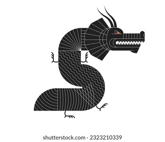 Abstract geometric Chinese dragon zodiac black symbol with art linear pattern. Asian sacred modern shape symbol design of goodness and power. Bauhaus tile motif. Japanese ancient vector eps animal