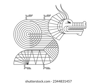 Abstract geometric Chinese dragon zodiac linear symbol. Asian sacred graphic style modern shape mythical animal design of goodness and power. Japanese traditional ancient serpent. Vector eps isolated