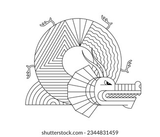 Abstract geometric Chinese dragon zodiac symbol with linear pattern. Asian sacred graphic style modern mythical animal design of goodness and power. Japanese traditional ancient serpent. Vector eps