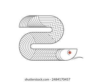 Abstract geometric Chinese snake zodiac symbol with art linear pattern. Asian sacred modern graphic shape mythic animal design of wisdom. Japanese traditional ancient serpent. Vector eps