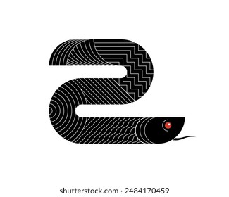 Abstract geometric Chinese snake zodiac black symbol with art linear pattern. Asian sacred modern shape symbol design of wisdom. Japanese ancient serpent vector eps reptile