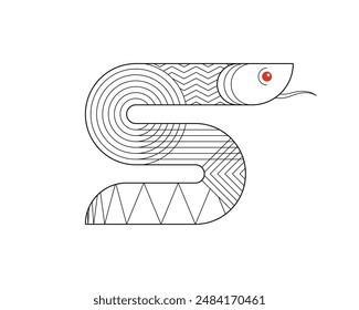 Abstract geometric Chinese snake zodiac linear symbol. Asian sacred graphic style modern shape mythical animal design of wisdom. Japanese traditional ancient serpent. Vector eps isolated