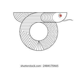 Abstract geometric Chinese snake zodiac symbol with linear pattern. Asian sacred graphic style modern mythical animal design of wisdom. Japanese traditional ancient serpent. Vector eps