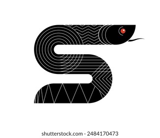 Abstract geometric Chinese snake zodiac black symbol. Asian sacred style modern shape symbol design of wisdom. Japanese ancient serpent vector eps isolated illustration