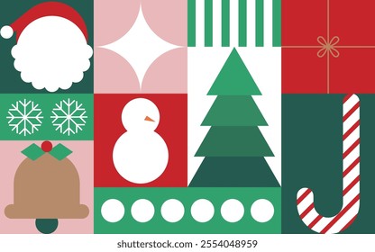 Abstract geometric Christmas background. Multicolored icon with holiday symbols. Stylized fir, Santa Claus, gift, bell. Trendy contemporary design for banner, card, poster, cover， packaging.