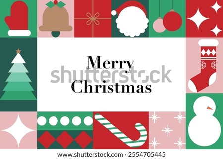 Abstract geometric Christmas background. Multicolored icon with holiday symbols. Stylized fir, Santa Claus, gift, bell. Trendy contemporary design for banner, card, poster, cover， packaging.
