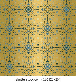 
Abstract geometric Christmas pattern with blue and gold little flowers, stars and dots on a gold gradient background. Decorative winter seamless vector design for cards, brochures and wrapping paper.