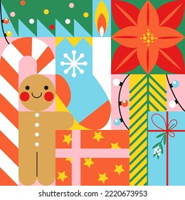 Abstract geometric Christmas vector background. Modern hand drawn colorful illustration. Wrapping paper with Gingerbread man, Christmas tree, candy cane.