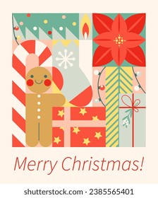 Abstract geometric Christmas vector template. Modern hand drawn colorful illustration. Greeting card with Gingerbread man, Christmas tree, candy cane.