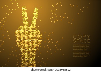 Abstract Geometric Circle dot pattern Victory Hand shape, sign language concept design Gold color illustration isolated on brown gradient background with copy space, vector eps 10