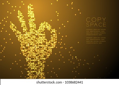 Abstract Geometric Circle dot pattern OK Hand shape, sign language concept design Gold color illustration isolated on brown gradient background with copy space, vector eps 10