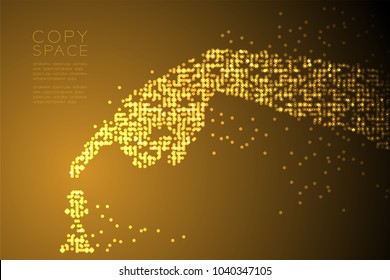 Abstract Geometric Circle dot pattern Hand move pawn chess shape, concept design gold color illustration isolated on brown gradient background with copy space, vector eps 10