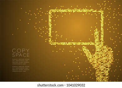 Abstract Geometric Circle dot pattern Hand touch screen tablet shape, concept design gold color illustration isolated on brown gradient background with copy space, vector eps 10