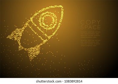 Abstract Geometric Circle dot pattern Cartoon Rocket spaceship shape, space exploration concept design gold color illustration isolated on brown gradient background with copy space, vector eps 10