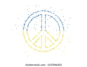Abstract Geometric Circle dot pattern particle Peace icon shape with Ukraine national flag, VR technology Peaceful Pray and Stop war design gold color illustration on white background with copy space