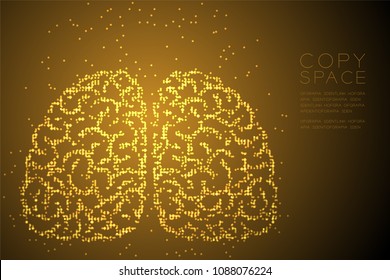 Abstract Geometric Circle dot pixel pattern Brain front view shape, creative science concept design gold color illustration isolated on brown gradient background with copy space, vector eps 10