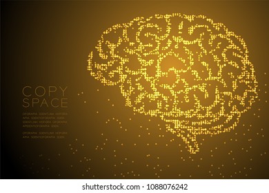 Abstract Geometric Circle dot pixel pattern Brain side view shape, creative science concept design gold color illustration isolated on brown gradient background with copy space, vector eps 10