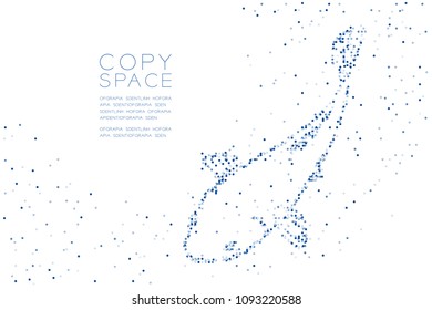 Abstract Geometric Circle dot pixel pattern Carp or Koi fish shape, aquatic and marine life concept design blue color illustration on white background with copy space, vector eps 10