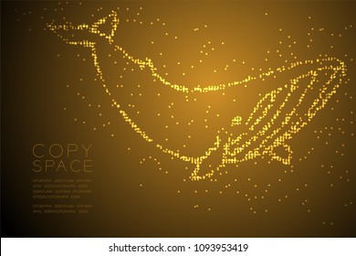 Abstract Geometric Circle dot pixel pattern Whale shape, aquatic and marine life concept design gold color illustration isolated on brown gradient background with copy space, vector eps 10