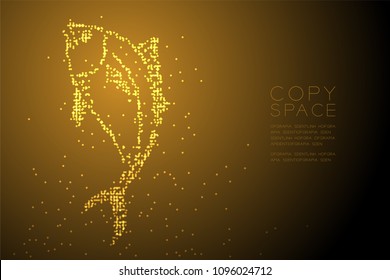 Abstract Geometric Circle Dot Pixel Pattern Tuna Fish Shape, Aquatic And Marine Life Concept Design Gold Color Illustration Isolated On Brown Gradient Background With Copy Space, Vector Eps 10