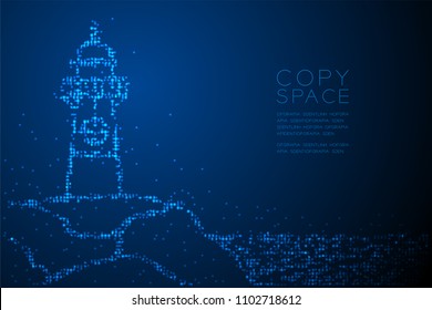 Abstract Geometric Circle dot pixel pattern Lighthouse shape, aquatic and marine life concept design blue color illustration isolated on blue gradient background with copy space, vector eps 10