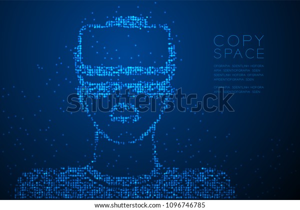Abstract Geometric Circle dot pixel pattern Man\
wearing VR headset (virtual reality) shape design blue color\
illustration isolated on blue gradient background with copy space,\
vector eps 10