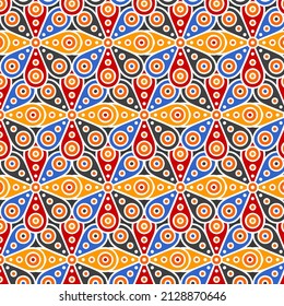 Abstract Geometric Circle Eyes Pattern Background In Yellow Blue Red Slate Color