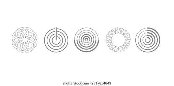 Abstract geometric circle icons in a modern vector set, perfect for stylish illustrations and sleek designs with a focus on contemporary visual appeal and creative branding.