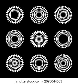 Abstract geometric circle patterns. White design elements on black background. Vector art.